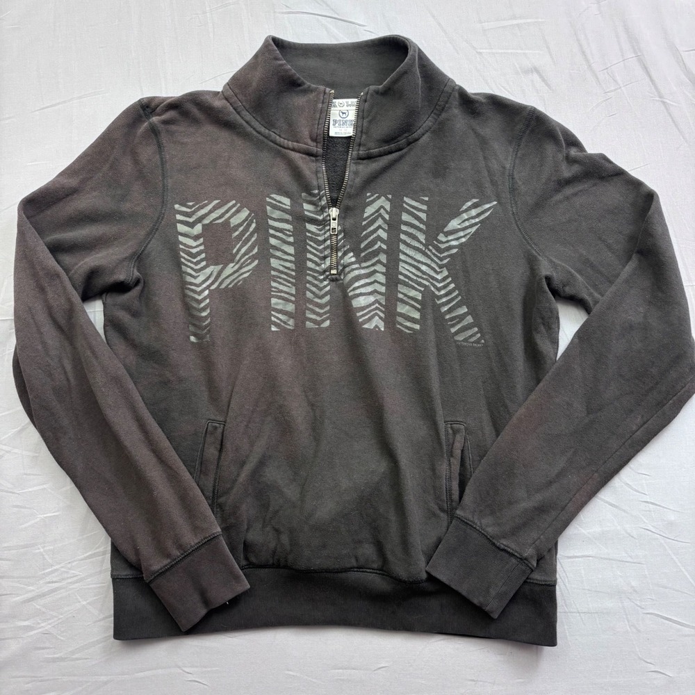 Victorias Secret PINK Quarter Zip Sweatshirt Black Zebra Logo Pullover Women M